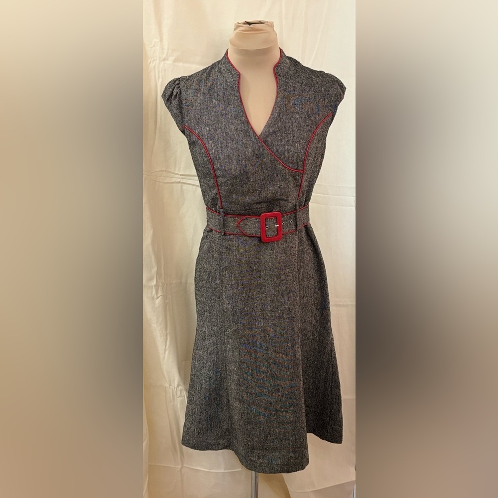 Le Chateau Tweed Gray Dress with Red Leather Piping